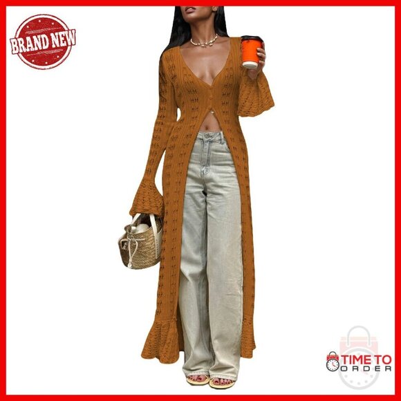 Sweaters - Long Crochet Cardigan Maxi Dress Button Down Boho Cover Up Sweater